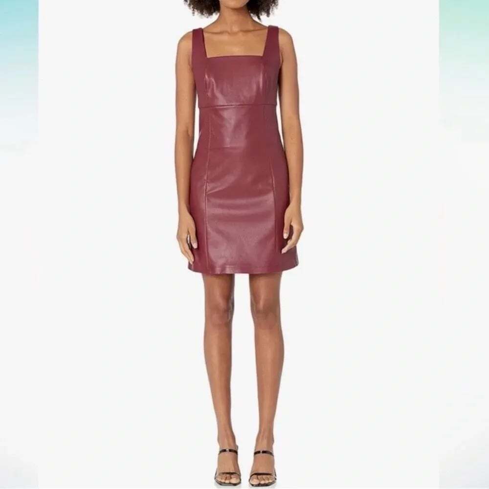 The Drop Womens Hank Vegan Leather Square Neck Mini Dress Burgundy Red